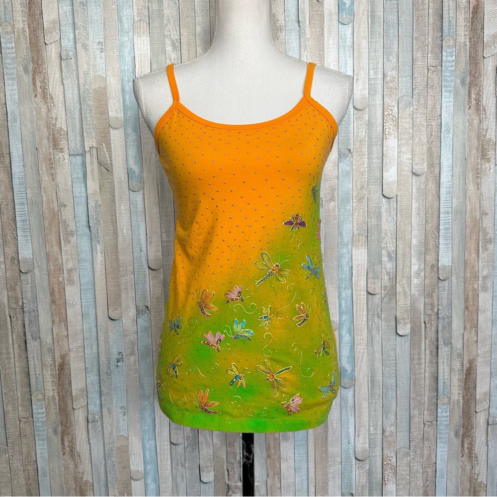 Vintage 90s S Bright Orange Green Painted Dragonfly Tank Top Cami Y2K Fairycore - Picture 1 of 6